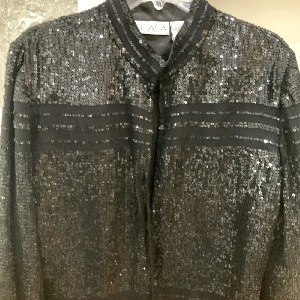 Scala XL Black Sequin Silk Evening Jacket with Mandarin Collar